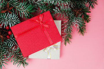 Christmas presents, Holiday sale concept. Christmas gift boxes on pink background.