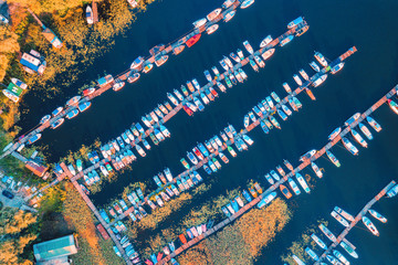 Aerial view of colorful boats and yachts on the sea at sunset in summer. Landscape with pier, motorboats and sailboats, yellow water lilies, lake with blue water. Top view of harbor. Transport