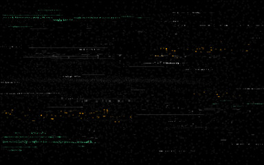 Glitch background. Video distortions on black backdrop. Digital signal error. Color pixel noise with distorted lines. Television glitch and random shapes. No signal. Vector illustration - obrazy, fototapety, plakaty