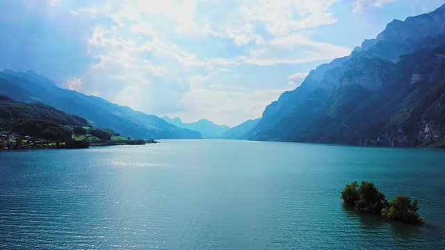 Flight over Lake Walensee in Switzerland - aerial timelapse shot