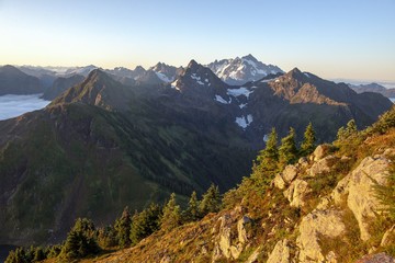 First light falls on the cascade mountains