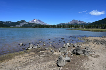 South Sister and Broken Top volcanoes from Sparks Lake near Sisters, Oregon.