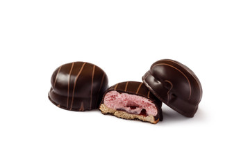 stack of chocolate bisquits with strawberry isolated on white background