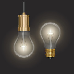 Realistic glow bulb background with luminant lens end lamp hanging on wire on dark background vector illustration