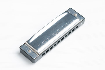 Mouth organ isolated on white background.Harmonica.Copy space