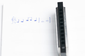 Mouth organ isolated on white background.Harmonica.Copy space