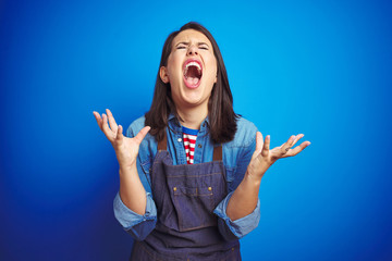 Young beautiful business woman wearing store uniform apron over blue isolated background crazy and...