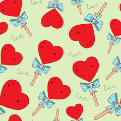 cute seamless vector pattern with heart-shaped cartoon candies on a neutral background