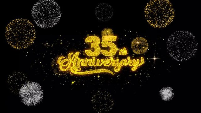35th Happy Anniversary Golden Greeting Text Appearance Blinking Particles with Golden Fireworks Display 4K for Greeting card, Celebration, Invitation, calendar, Gift, Events, Message, Holiday, Wishes
