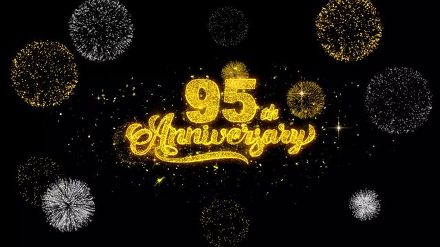 95th Happy Anniversary Golden Greeting Text Appearance Blinking Particles with Golden Fireworks Display 4K for Greeting card, Celebration, Invitation, calendar, Gift, Events, Message, Holiday, Wishes