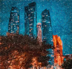 Ölgemälde auf Leinwand, moderne Stadt und Wolkenkratzer, feine zeitgenössische Druckkunst. Digitales Zeichnen mit gemischten Medien. Ansicht der Stadt Dubai in OAE. Bunte Großstadtszene für Wandposter, Postkarten, Briefpapier. © Katsiaryna