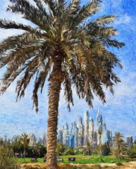 Oil painting on canvas modern city and scyscrapers fine contemporary print art. Mixed media digital drawing. View of Dubai city in OAE. Colorful big town scene for wall poster, postcard, stationary. 