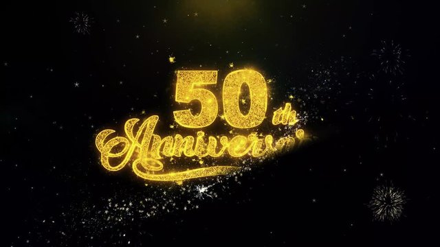 50th Happy Anniversary Written Gold Glitter Particles Spark Exploding Fireworks Display 4K . Greeting card, Celebration, Party Invitation, calendar, Gift, Events, Message, Holiday, Wishes Festival