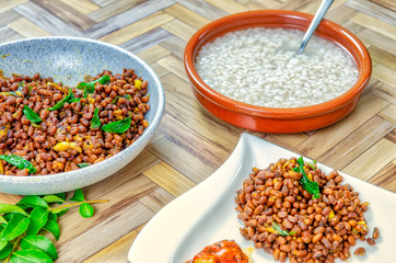 Traditional South Indian Food of Rice Porridge & Red Cow Peas Curry