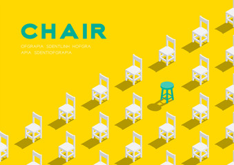 Wooden chair and stool 3D isometric pattern, Furniture lifestyle concept poster and banner horizontal design illustration isolated on yellow background with copy space, vector eps 10