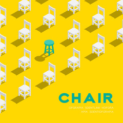 Wooden chair and stool 3D isometric pattern, Furniture lifestyle concept poster and banner square design illustration isolated on yellow background with copy space, vector eps 10