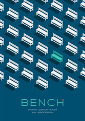 Bench chair 3D isometric pattern, Furniture concept poster and banner vertical design illustration isolated on blue background with copy space; vector eps 10