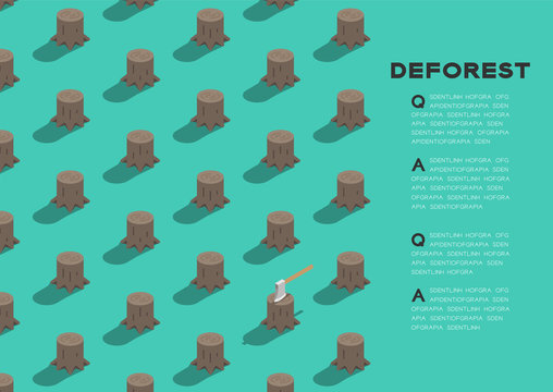 Tree stump with ax 3D isometric pattern, Deforestation concept poster and banner horizontal design illustration isolated on green background with copy space, vector eps 10