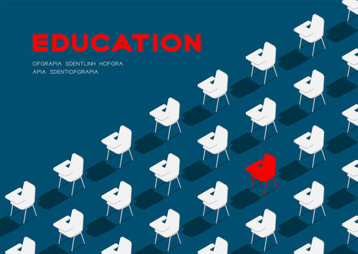 School chair with writing pad 3D isometric pattern, Education classroom concept poster and banner horizontal design illustration isolated on blue background with copy space, vector eps 10
