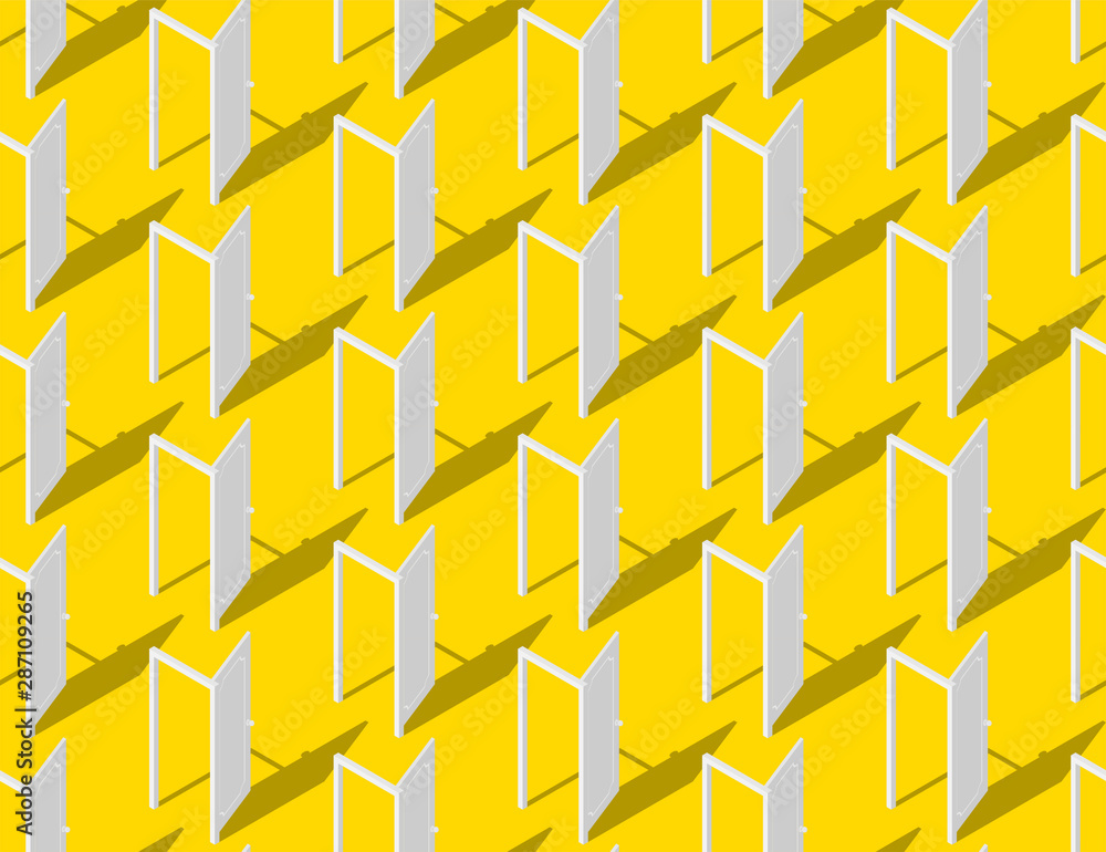 Poster door open 3d isometric seamless pattern, exit concept design illustration isolated on yellow backgro
