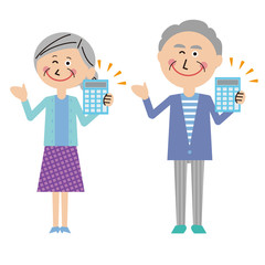 ポップなシニアの男女　電卓