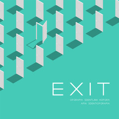 Door 3D isometric pattern, Exit concept poster and social banner post square design illustration isolated on green background with copy space, vector eps 10