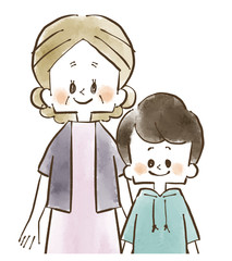 祖母と孫-笑顔-水彩