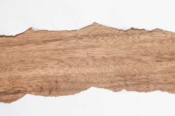 white torn paper on wood background. paper rip with copy space.