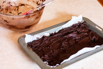Brownie mixture in baking pan