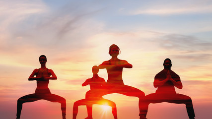 double exposue background of group of caucasian people having yoga workout outdoors with overlay background of sunset sky