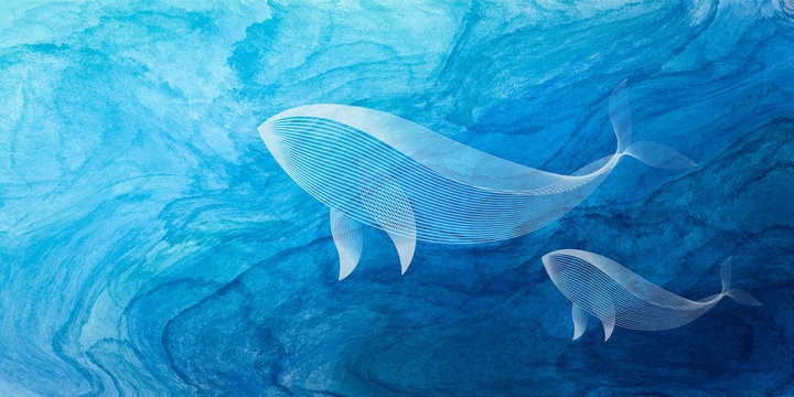 Mother whale and young whale lines pattern one blue watercolor paint texture backgrounds.