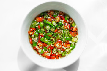 Top view of Thai Chili fish sauce in a white cup