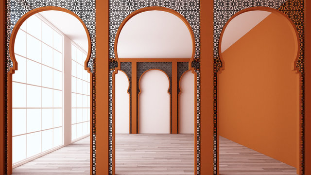 Moroccan interior space with Arabic laser cut patterns. 3d rendering