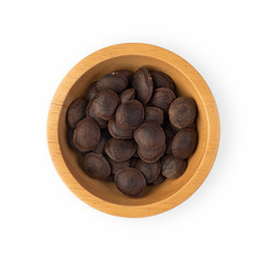 Top view of sacha inchi peanut seed in wooden bowl on white background.
