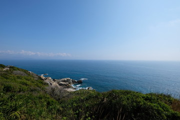 sunny blue sky and sea horizon. fresh green grass and trees foreground. mountain slope of Wuzhizhou island in Sanya Hainan China.  