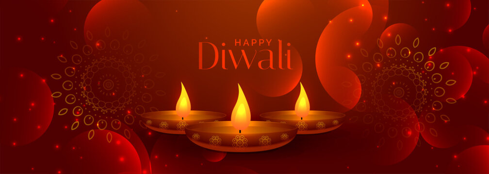 lovely happy diwali banner with three diya lamps