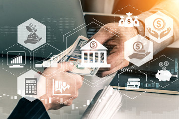 Finance and Money Transaction Technology Concept. Icon Graphic interface showing fintech trade...