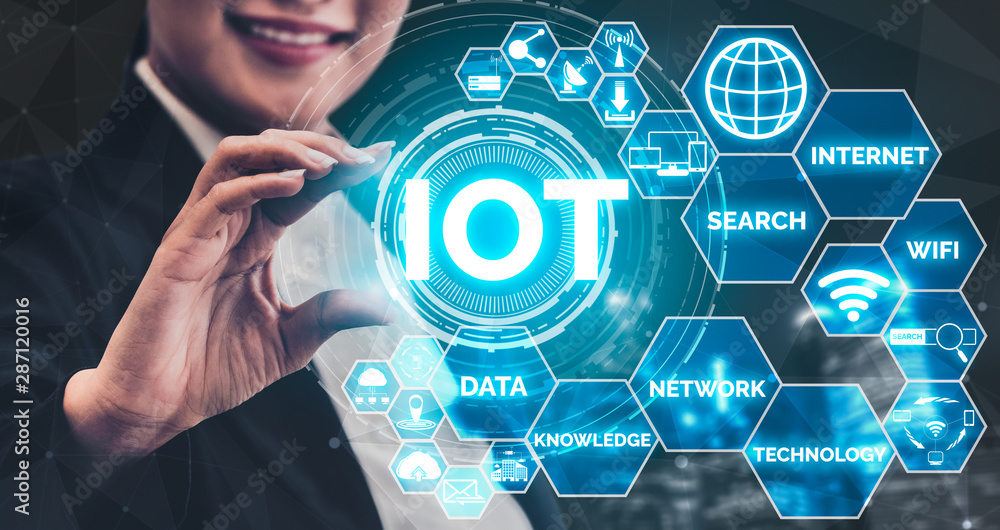 Poster internet of things and communication technology concept - modern graphic interface showing smart inf