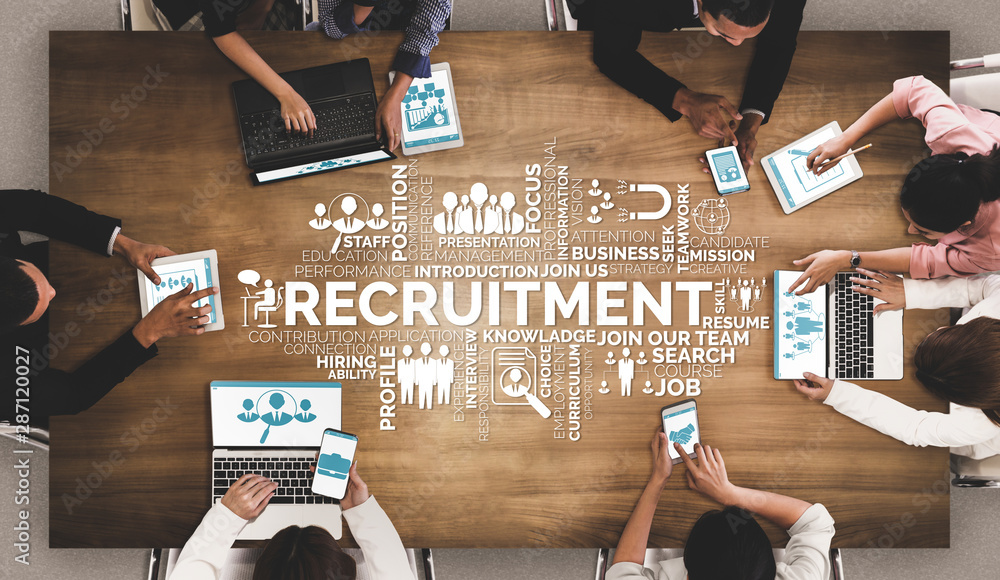 Poster human resources recruitment and people networking concept. modern graphic interface showing professi