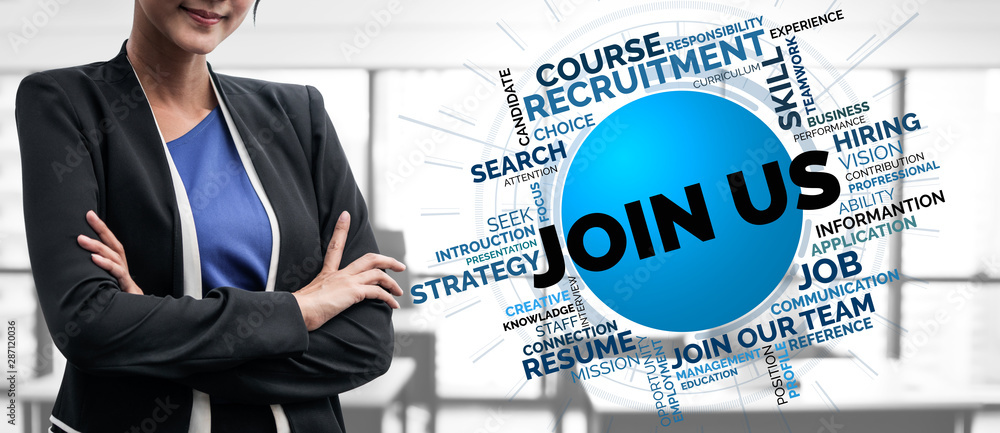 Poster human resources recruitment and people networking concept. modern graphic interface showing professi