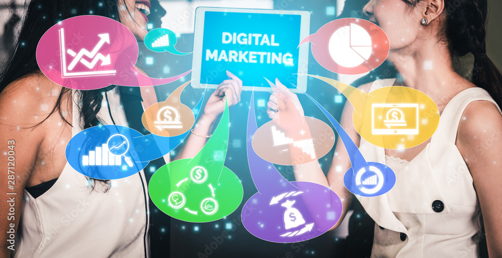 Poster digital marketing technology solution for online business concept - graphic interface showing analyt