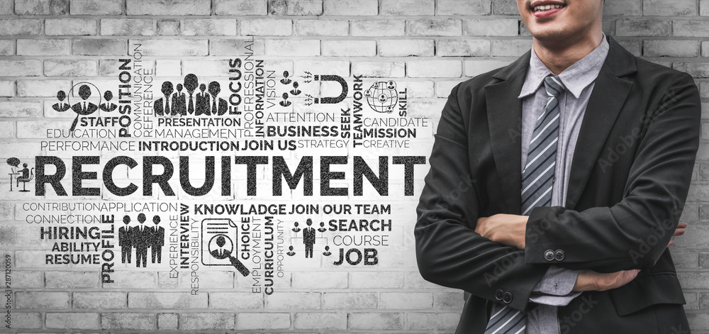 Poster human resources recruitment and people networking concept. modern graphic interface showing professi