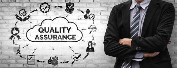 Quality Assurance and Quality Control Concept - Modern graphic interface showing certified standard...