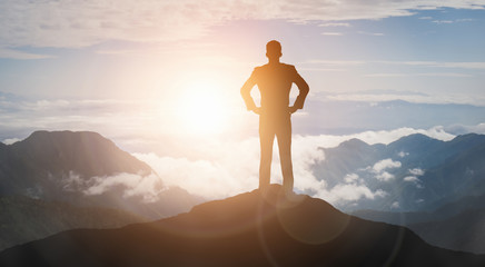 Achievement and Business Goal Success Concept - Creative business people with icon graphic...