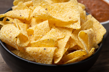 Bowl of corn tortilla chips and salsa