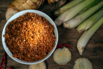 Galangal chili paste or Nam Prik Kha North Local thai food on old wood background drak style