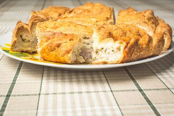 Slices of baked delicious pie with chicken and potatoes in plate on kitchen table.