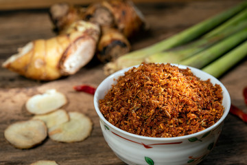 Galangal chili paste or Nam Prik Kha North Local thai food on old wood background drak style