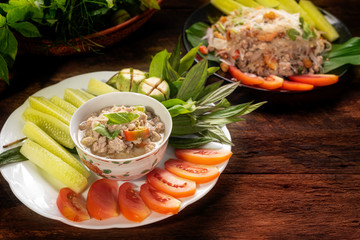 Soya bean dipping sauce or Preserved soy bean dip on drak background