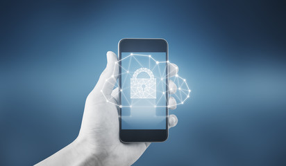 Cloud storage security system technology. Hand holding mobile smart phone with cloud icon